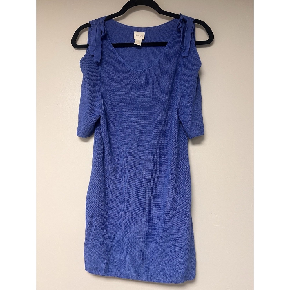 Chico's Cold Shoulderā Tunic Women Size 2 Blue Excellent Bow Detail V-Neck Knit